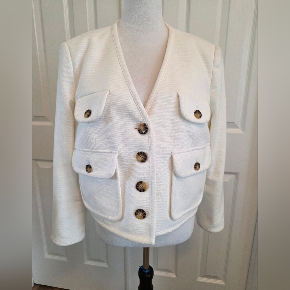 Veronica Beard Isola Stretch Cotton Blend Jacket- Size 14- Off White - Picture 5 of 14